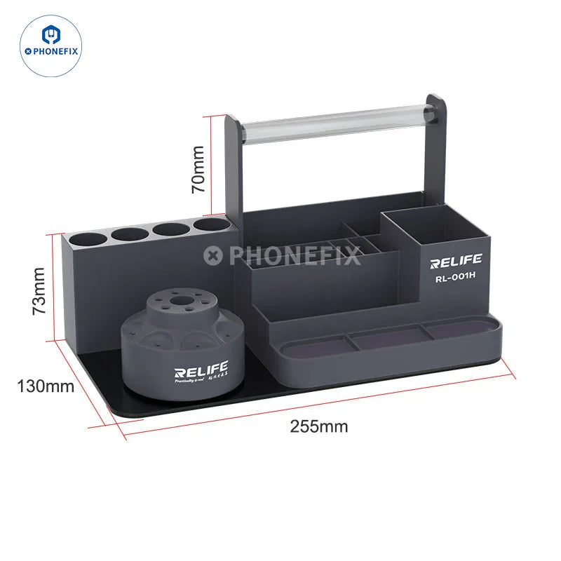 Caja de almacenamiento giratoria de PHONEFIX con soporte para pinzas, diseñada para organizar herramientas auxiliares y piezas pequeñas.