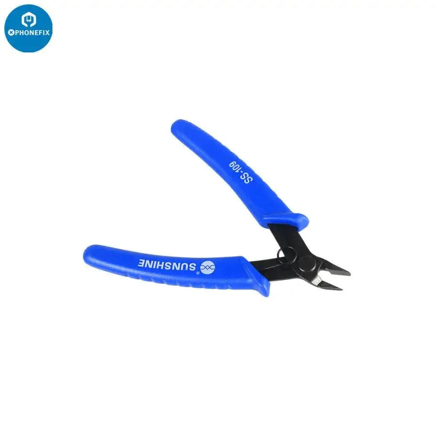 Sunshine SS110 multi-function mini diagonal plier with wire cutter and stripper, PHONEFIX brand, compact assist tool for electronics work.
