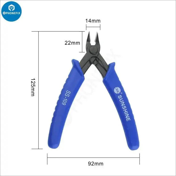 Sunshine SS110 multi-function mini diagonal plier with wire cutter and stripper, compact tool from PHONEFIX for electronics work.