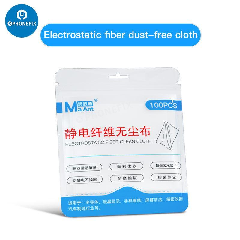 Chiffon de nettoyage d'écran en fibre sans poussière MaAnt de PHONEFIX pour un nettoyage doux et sans traces des écrans de téléphone et des surfaces en verre.