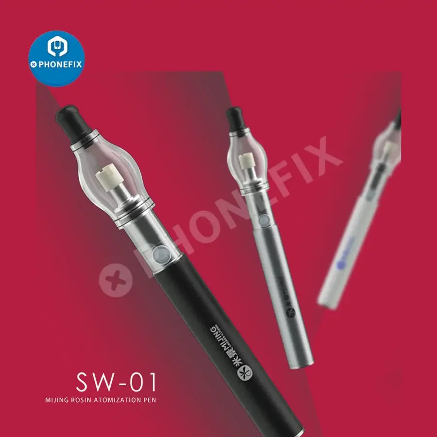 Phonefix Mijing Rosin Atomization Pen for phone PCB short circuit detection and repair, shown with USB power supply connection.