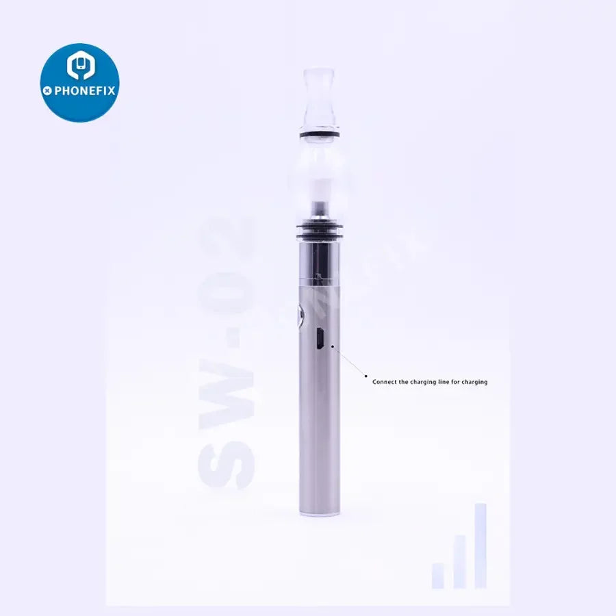 PhoneFix Mijing Rosin Atomization Pen for phone PCB short circuit detection and repair, shown with USB power supply and assist tools.