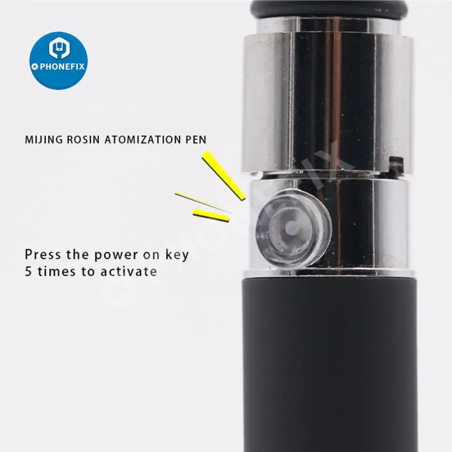 PHONEFIX Mijing Rosin Atomization Pen for phone PCB short circuit detection and repair, with USB power supply and assist tool features.