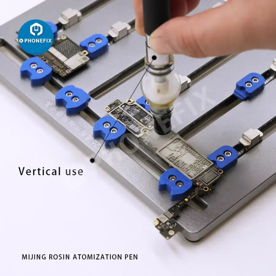 PHONEFIX Mijing Rosin Atomization Pen for phone PCB short circuit detection and repair, with USB power supply in a compact tool image.