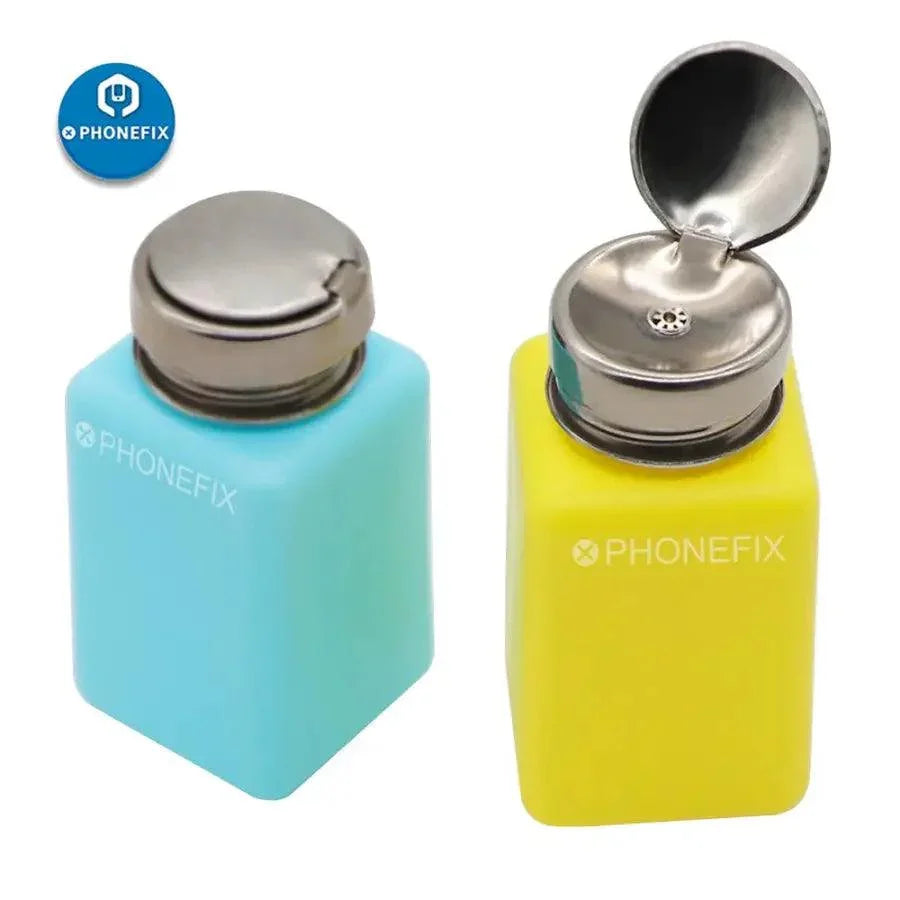 Blue 180ml liquid alcohol bottle in plastic container for phone repair, part of PhoneFix assist tools for electronics repair.