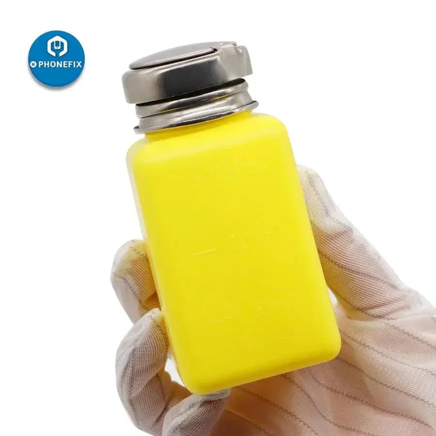 Blue 180ml liquid alcohol bottle in a plastic container for phone repair, part of PHONEFIX's assist tools collection.