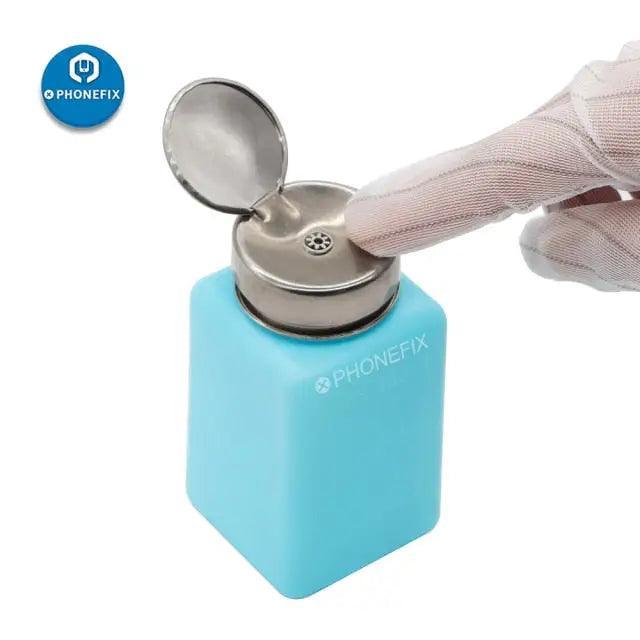 Blue 180ml plastic bottle of liquid alcohol for phone repair, made by PHONEFIX, used as an assist tool for cleaning and repairs.