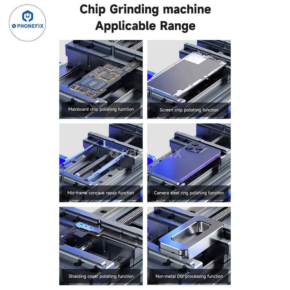 PHONEFIX Mechanic 3D-CM20S PCB grinding tool with metal grinding wheel and electronic components in use for phone PCB IC repair.