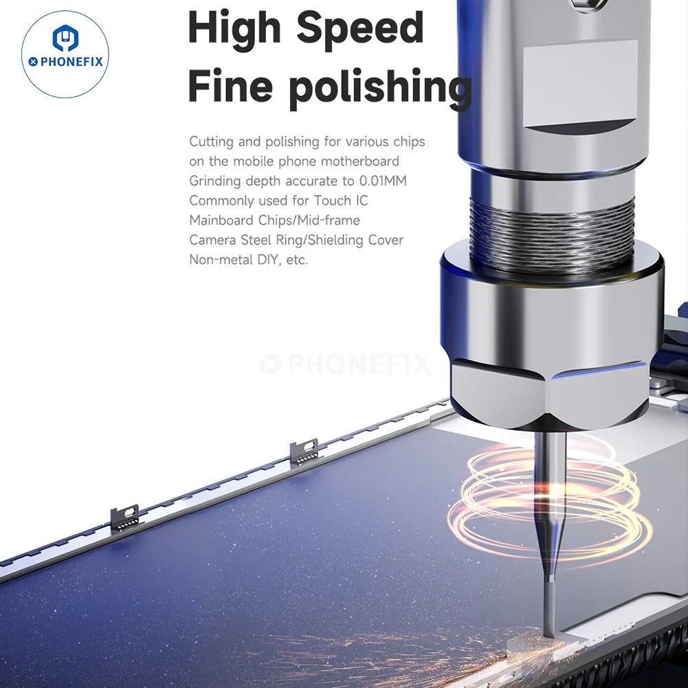 Phonefix Mechanic 3D-CM20S PCB grinding machine with grinding wheel and control panel for phone PCB IC repair.