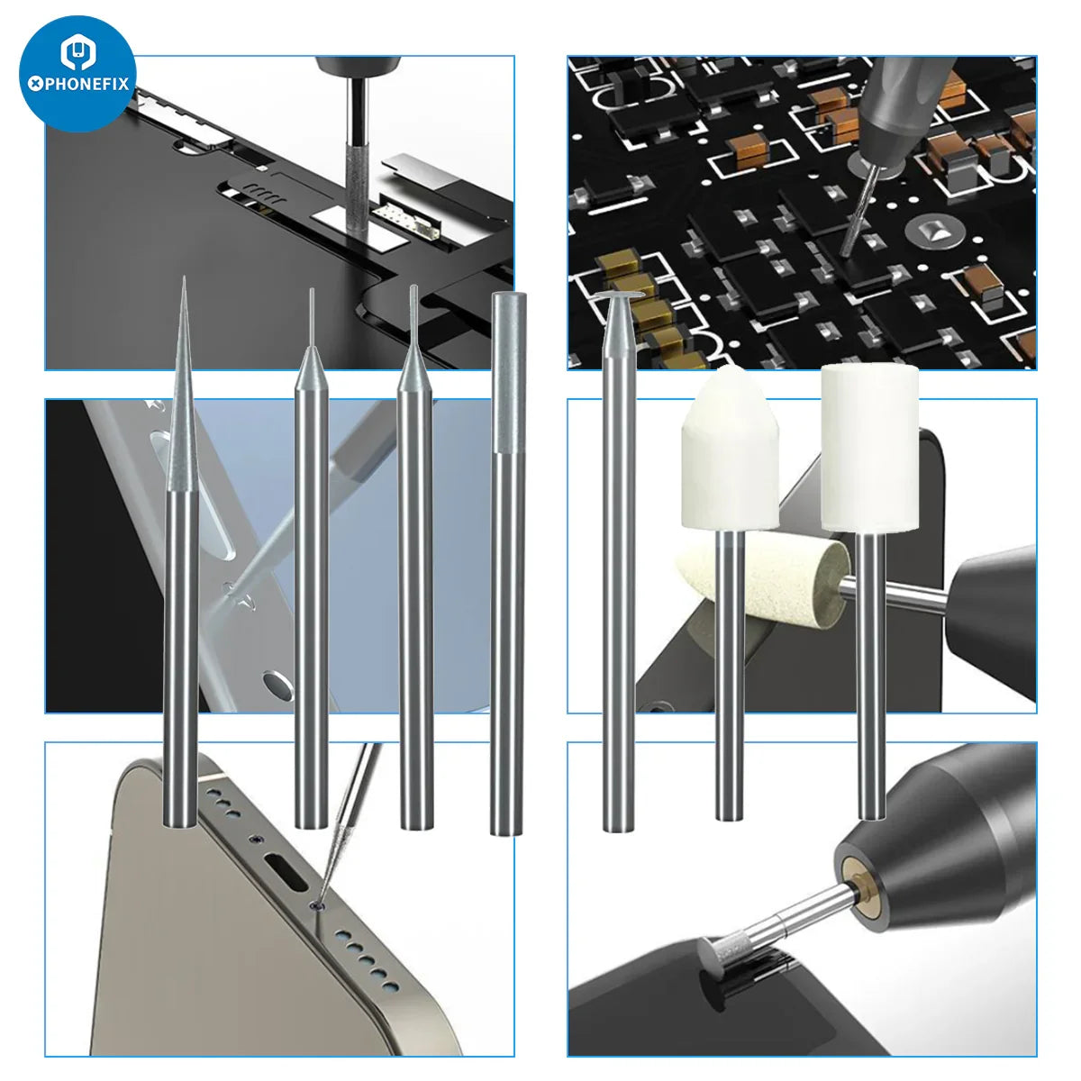 PhoneFix universal grinding head for electric polishing pen, PCB grinding tool replacement, suitable for precise electronic polishing tasks.
