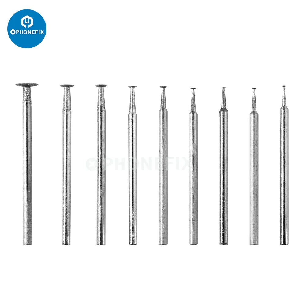 PhoneFix universal PCB grinding head replacement for electric polishing pen, showing the small grinding tool in use.