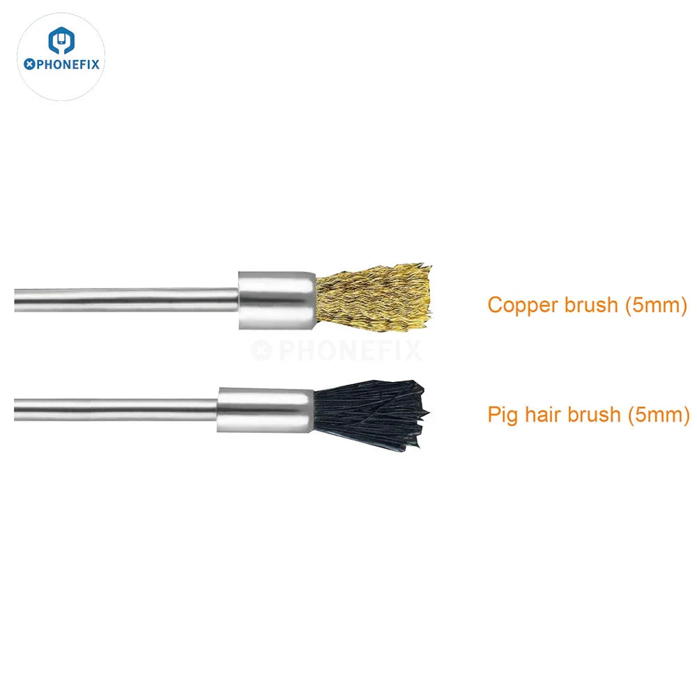 PhoneFix PCB grinding tool replacement head for electric polishing pens, shown cleaning the grinding surface.