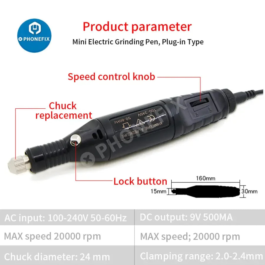 PhoneFIX electric carving pen engraver rotary tool kit for PCB grinding, polishing, and detailed engraving on electronic components.