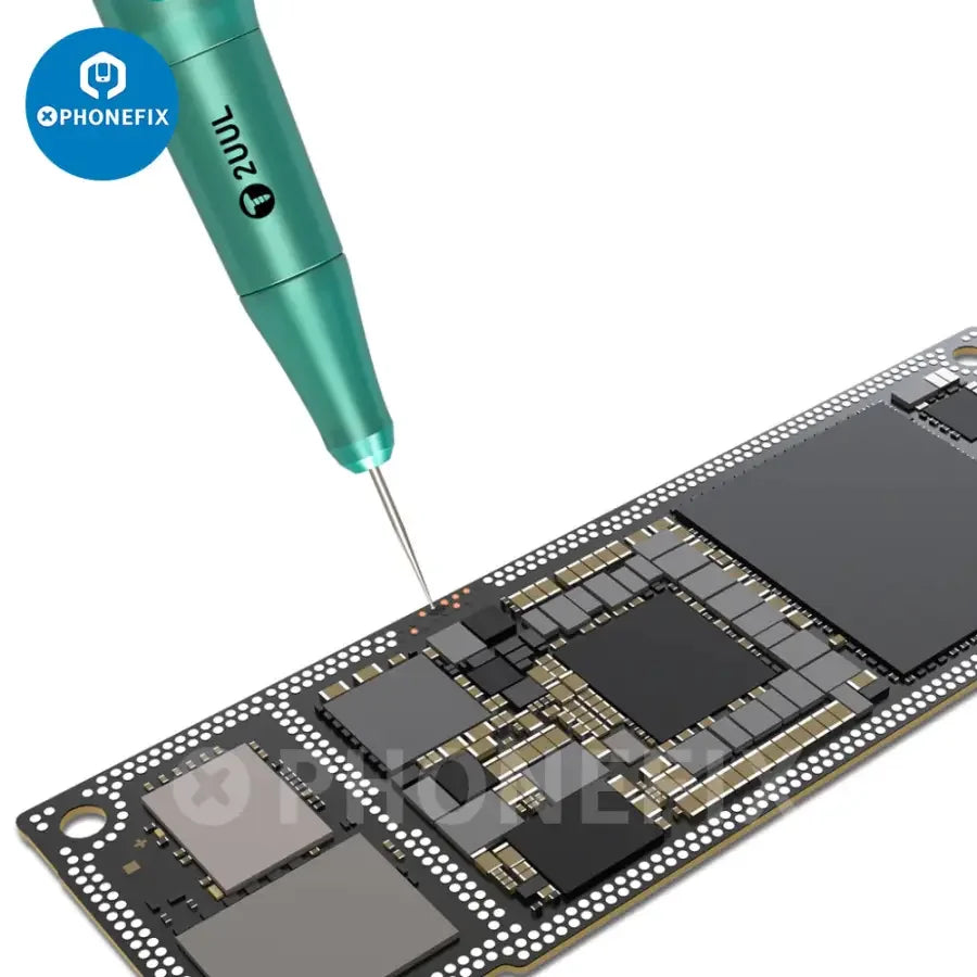 PHONEFIX 2UUL DA81 electric rechargeable PCB grinding pen for chip change repair, shown with full set and grinding tip.