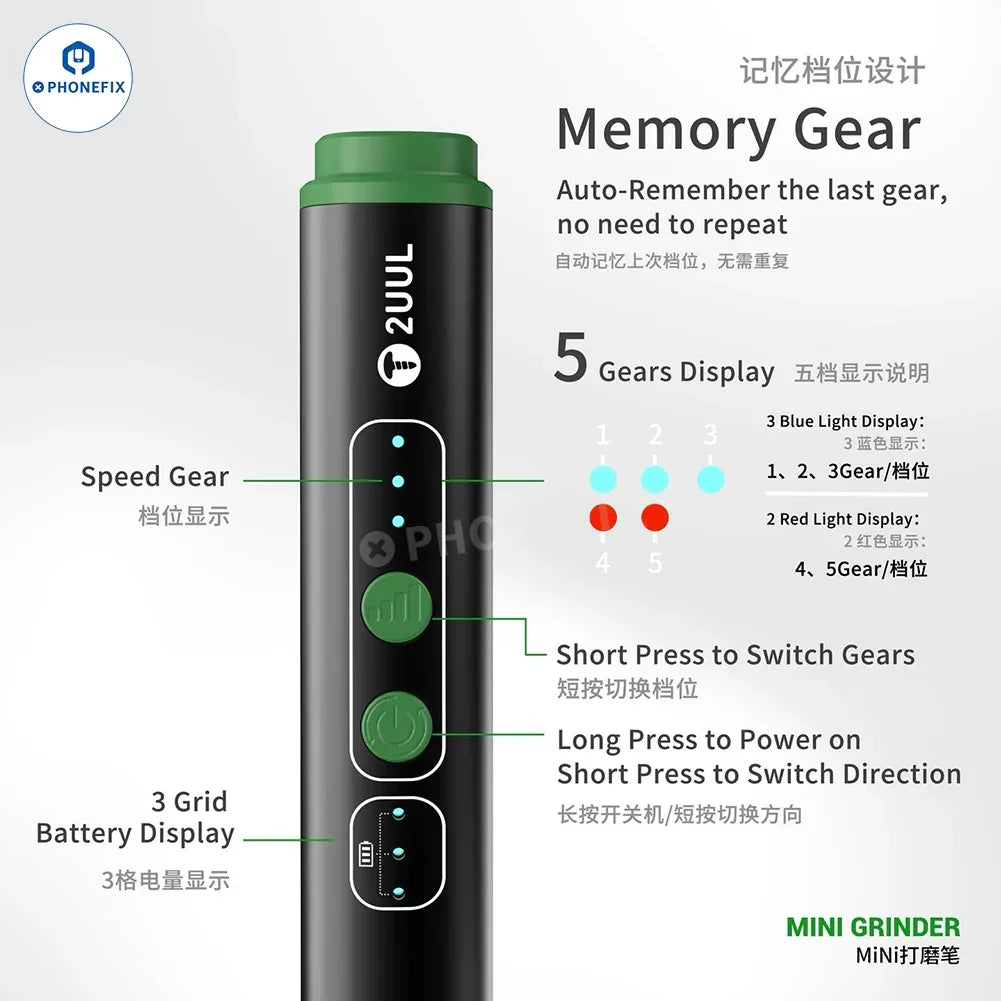 PHONEFIX 2UUL DA81 rechargeable PCB grinding pen with stepless speed control for chip change repair and electronic component grinding.