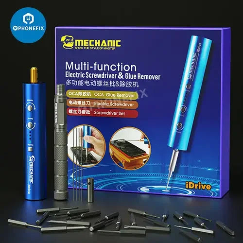 PHONEFIX Mechanic iDrive Electric OCA Glue Remover Screwdriver Set for PCB grinding and repair tasks.