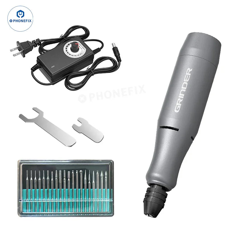 PHONEFIX E288-02 Mini Electric Handheld Grinding Machine PCB Polishing Pen with grinding wheel and control switch.