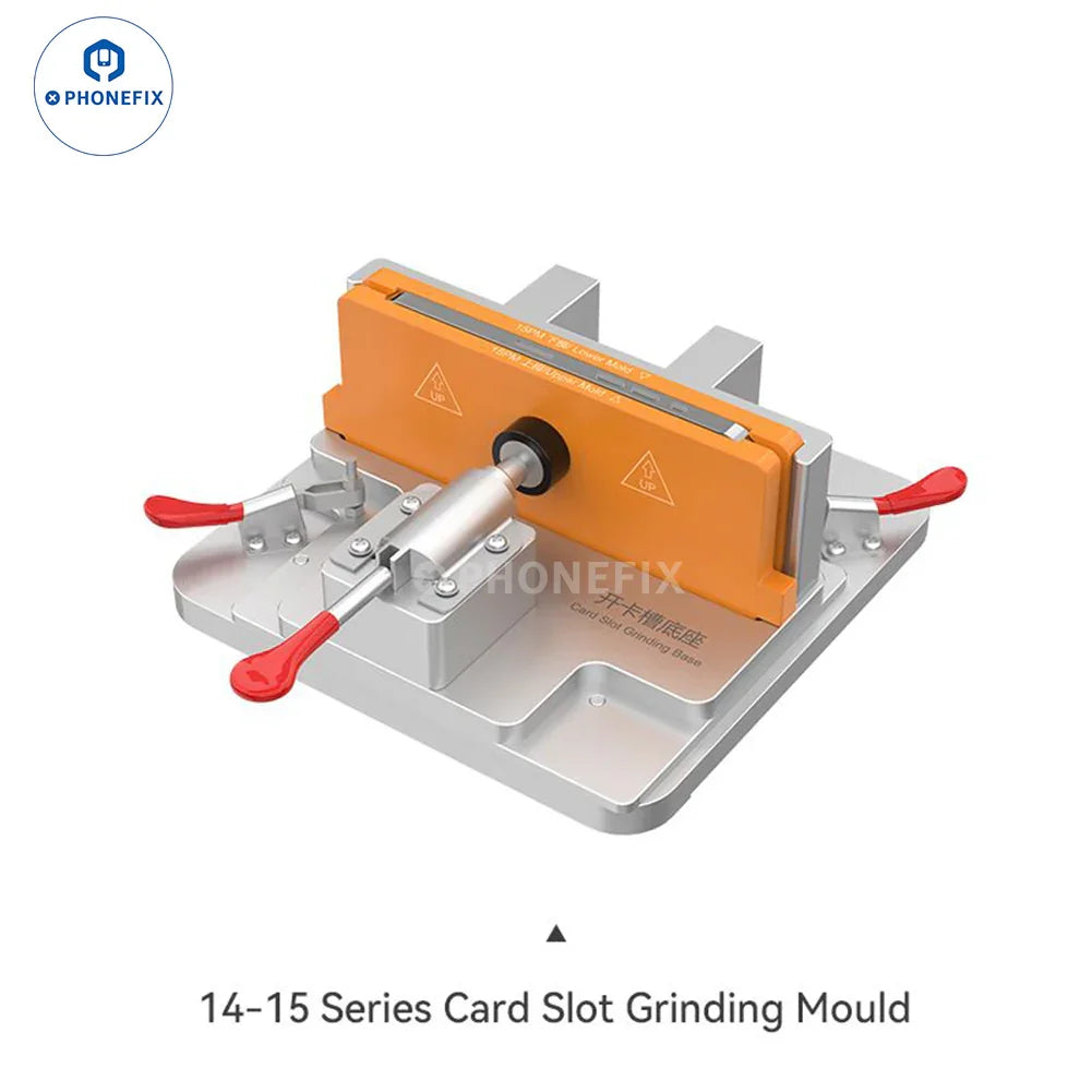 PHONEFIX JC CNC Grinder EM03 EM02 PCB grinding tool for iPhone repair, showing the slot mold used for PCB and IC component grinding.