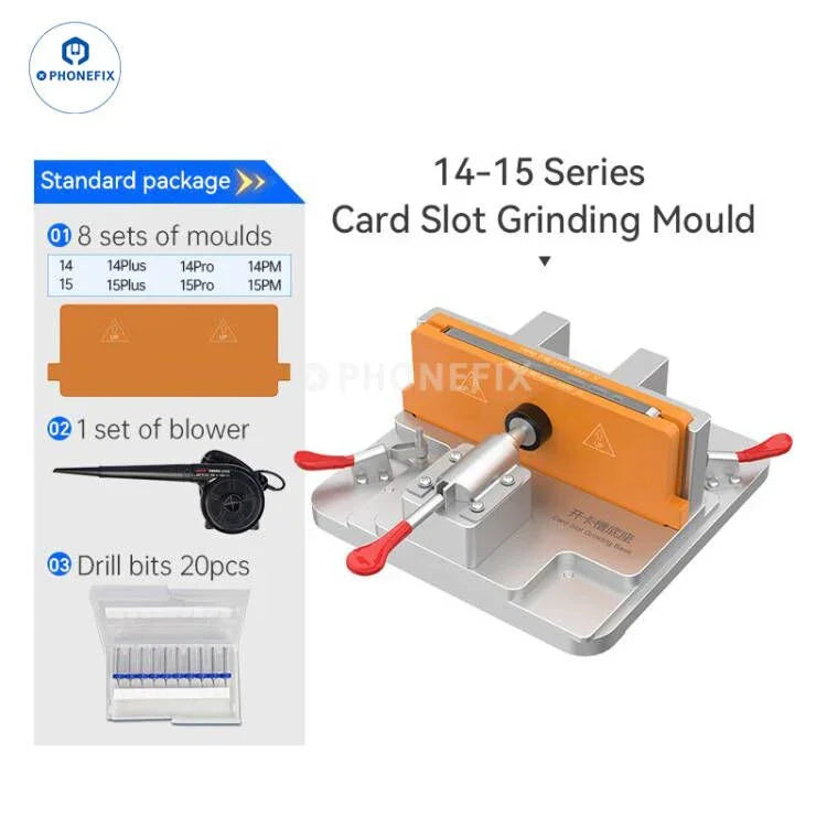 PHONEFIX JC CNC Grinder EM03 EM02 PCB grinding tool for iPhone repair, shown with series card slot mold in the image.