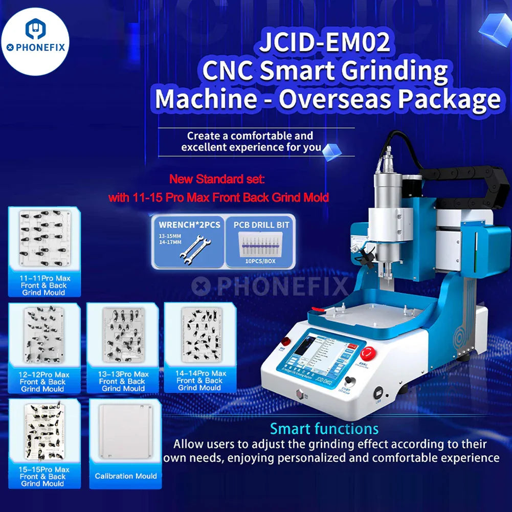 PHONEFIX JC CNC Grinder EM03 EM02 PCB grinding tool for iPhone repair, featuring precision grinding for circuit boards and ICs.