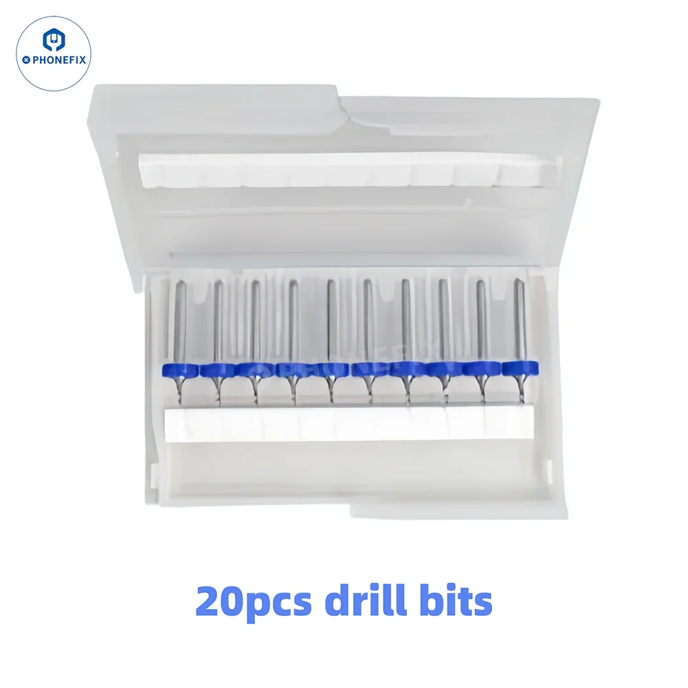 Set of 20 PHONEFIX JC CNC Grinder drill bits for PCB grinding and iPhone IC repair, compatible with EM03 and EM02 grinding machines.