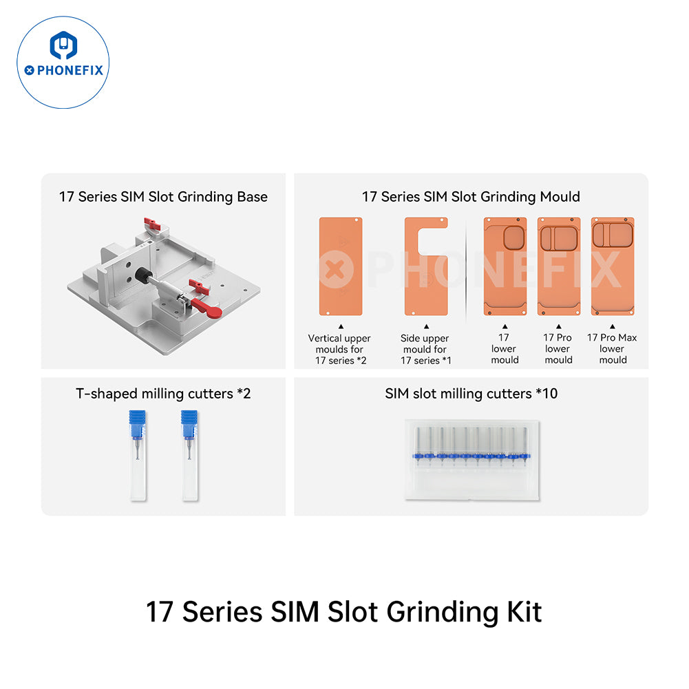 PHONEFIX JC CNC Grinder EM03 EM02 PCB grinding tool for iPhone PCB and IC repair, featuring a precision SIM mold for detailed work.