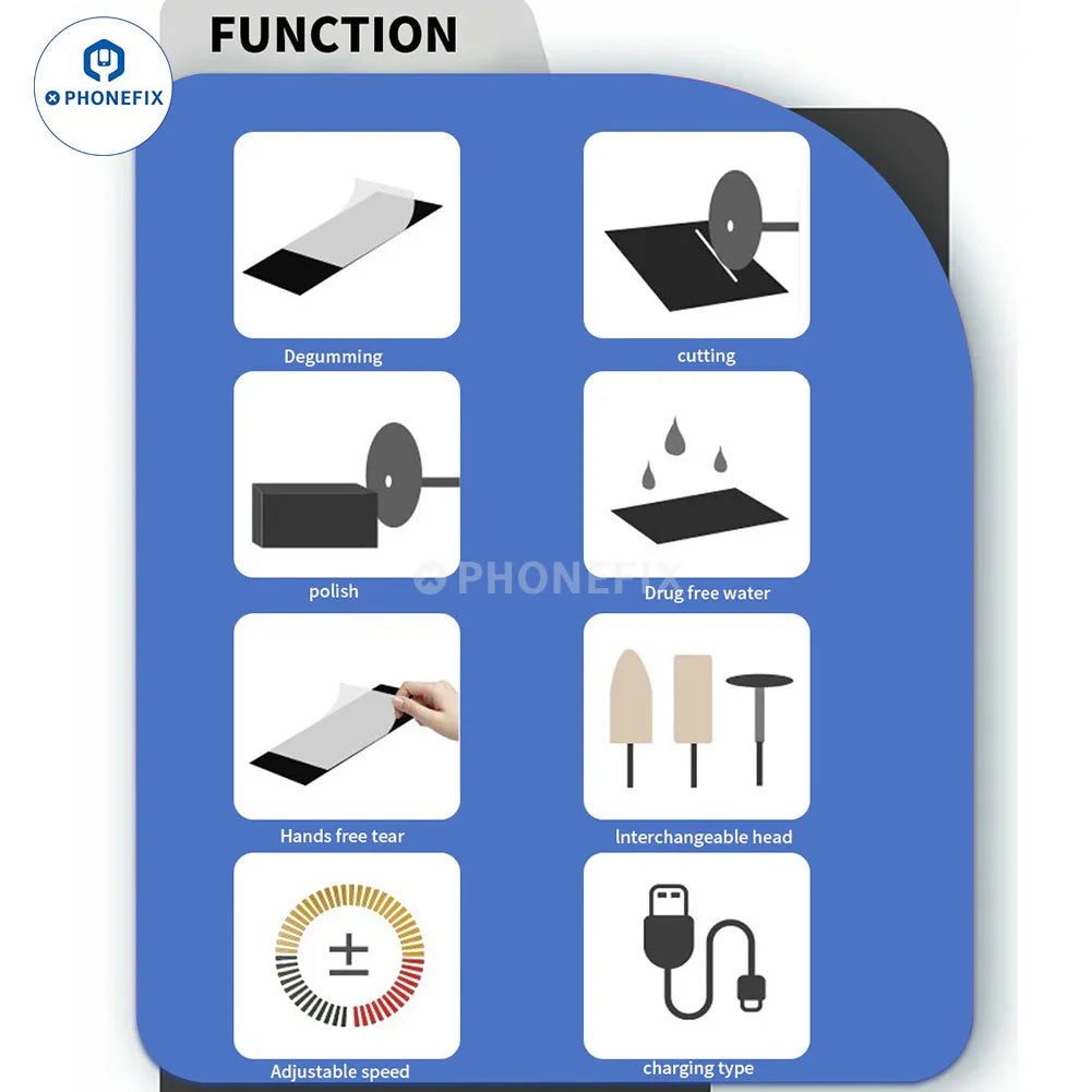 PHONEFIX G-07PRO LCD Screen OCA Glue Remover PCB Grinding Tool with cutting and grinding features for screen repair.