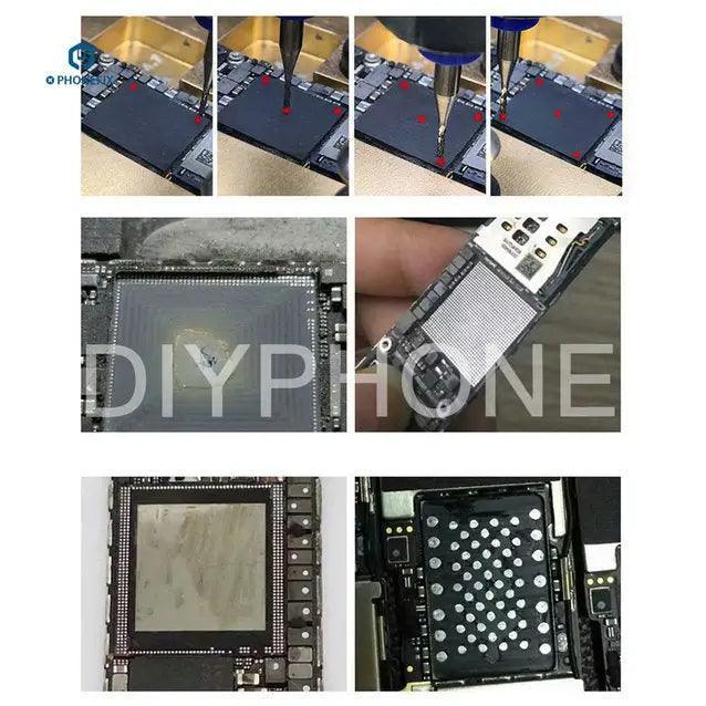 PHONEFIX CNC Router PCB BGA IC grinding tool for iPhone motherboards, standard set, used for precise PCB and BGA component grinding.