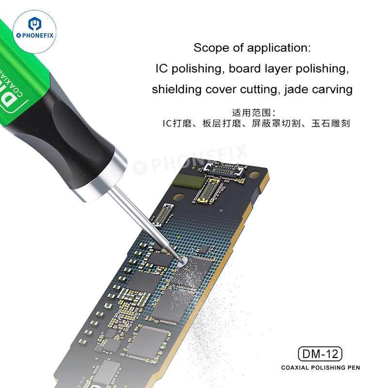 Lápiz pulidor coaxial PHONEFIX MIJING DM-12 para el rectificado de placas de circuitos impresos y circuitos integrados de teléfonos, con punta metálica y diseño de mango ergonómico.