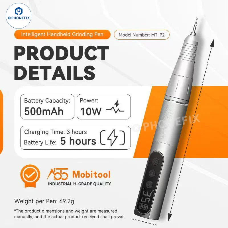 PHONEFIX MobiTool MT-P2 handheld PCB grinding pen for phone repair, shown with detailed grinding tip and ergonomic design.