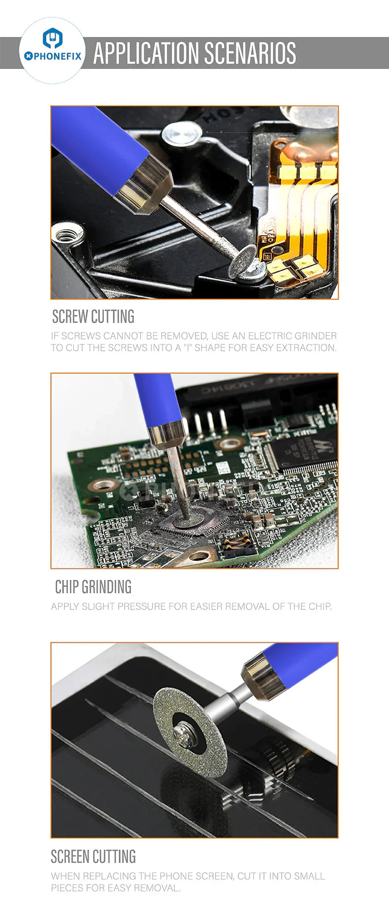 PHONEFIX HW-013 wireless charging grinding pen used for PCB polishing and IC repair, featuring a compact and precise grinding tip.