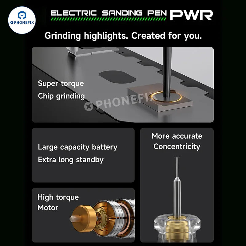 PhoneFix PWR Grinding Pen for polishing phone PCB, CPU, and IC components; handheld PCB grinding tool for electronics repair.