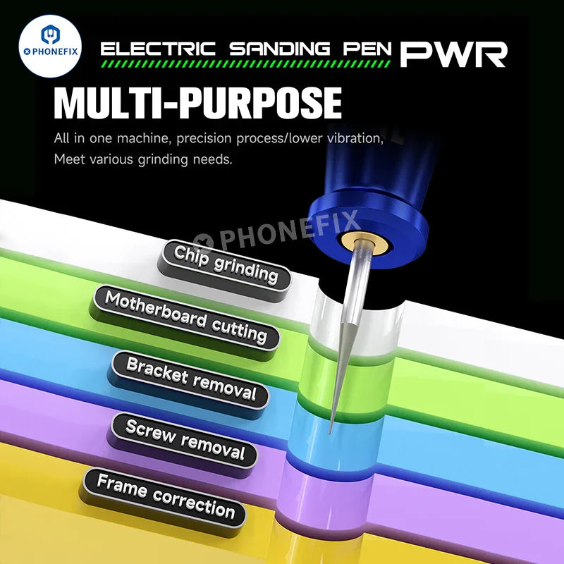 PHONEFIX PWR Grinding Pen for polishing phone PCB, CPU, and IC components, a precision PCB grinding and polishing tool for electronics repair.