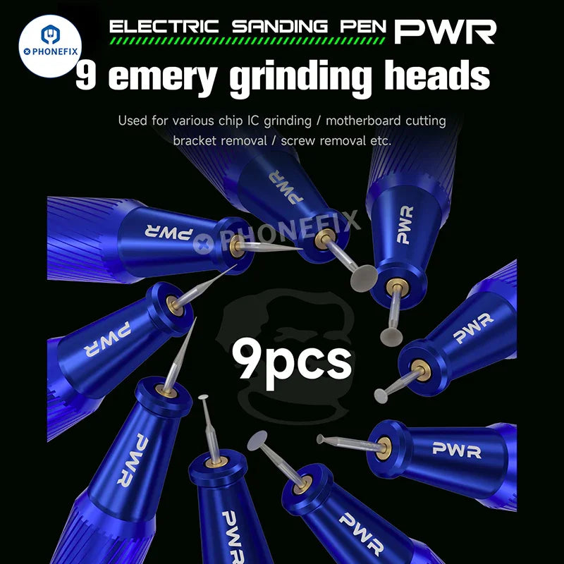 PHONEFIX mechanic PWR grinding pen for polishing phone PCB, CPU, and IC components with precision sanding tip.