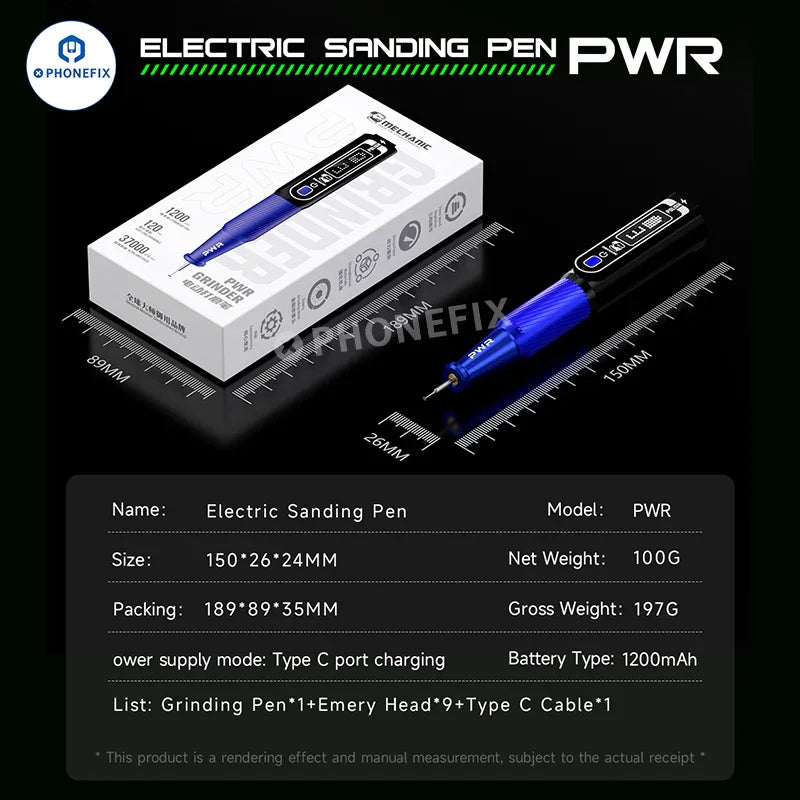 PHONEFIX Mechanic PWR Grinding Pen for polishing phone PCB, CPU, and IC components, ideal for precise electronic repairs.