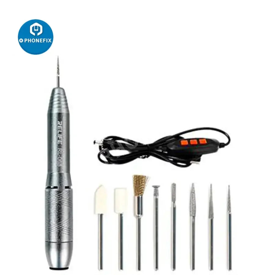 PhoneFix RL-068/B/C PCB polishing and engraving pen, a handheld motherboard grinding tool with precision tips for detailed work.