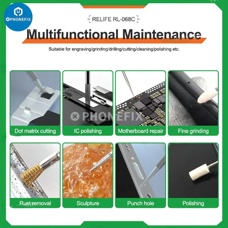 PHONEFIX RL-068/B/C PCB polishing and engraving pen, a versatile motherboard grinding tool for precise electronic repairs.