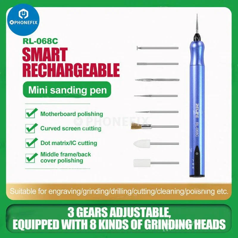 PHONEFIX RL-068/B/C PCB polishing and engraving pen, a handheld motherboard grinding tool for precise electronic work.