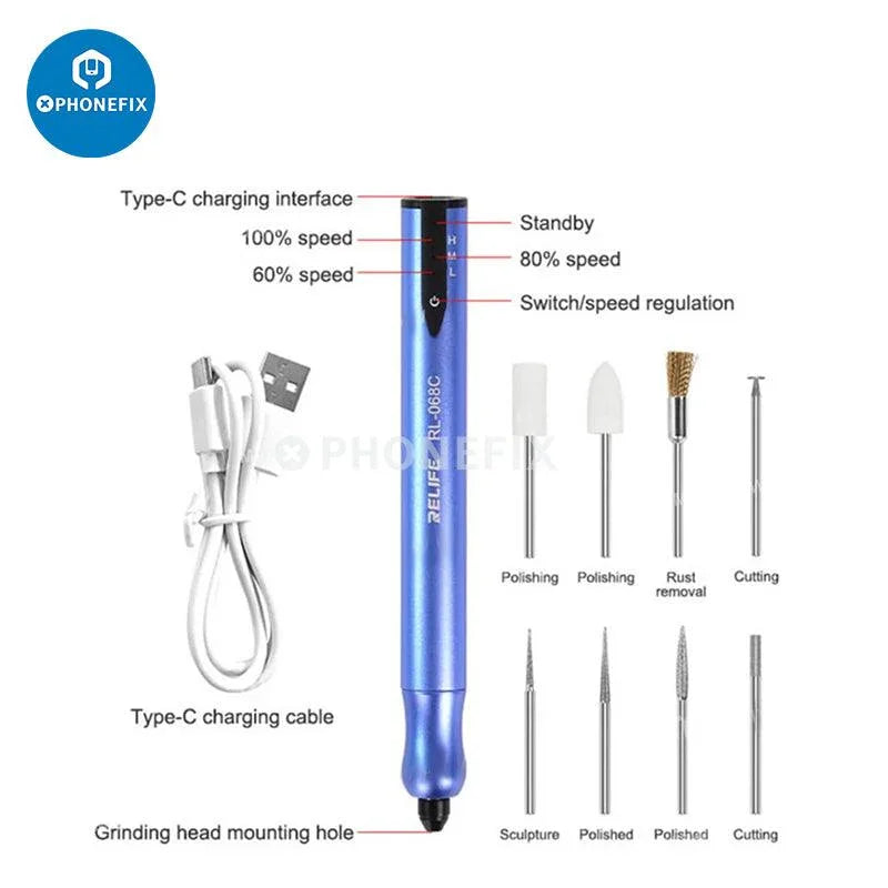 PhoneFix RL-068/B/C PCB polishing and engraving pen for motherboard grinding, featuring a compact, precision tool for electronic repairs.