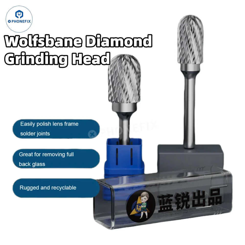LANRUI diamond grinding head for iPhone camera frame removal, PCB grinding tool by PHONEFIX, shown with diamond-coated tip for precise work.