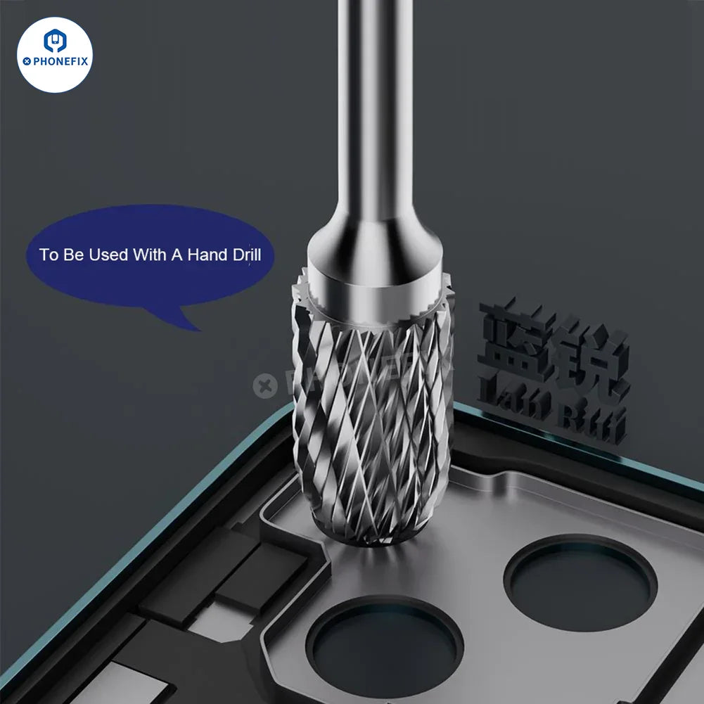 LANRUI diamond grinding head for iPhone camera frame removal, PCB grinding tool by PHONEFIX, shown with diamond-coated grinding tip.