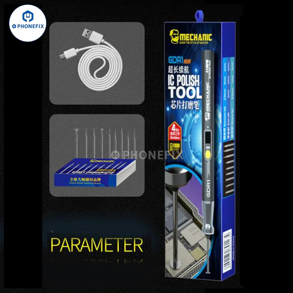 Portable PHONEFIX PCB grinding and polishing tool with rechargeable electric engraving pen for DIY electronics projects.