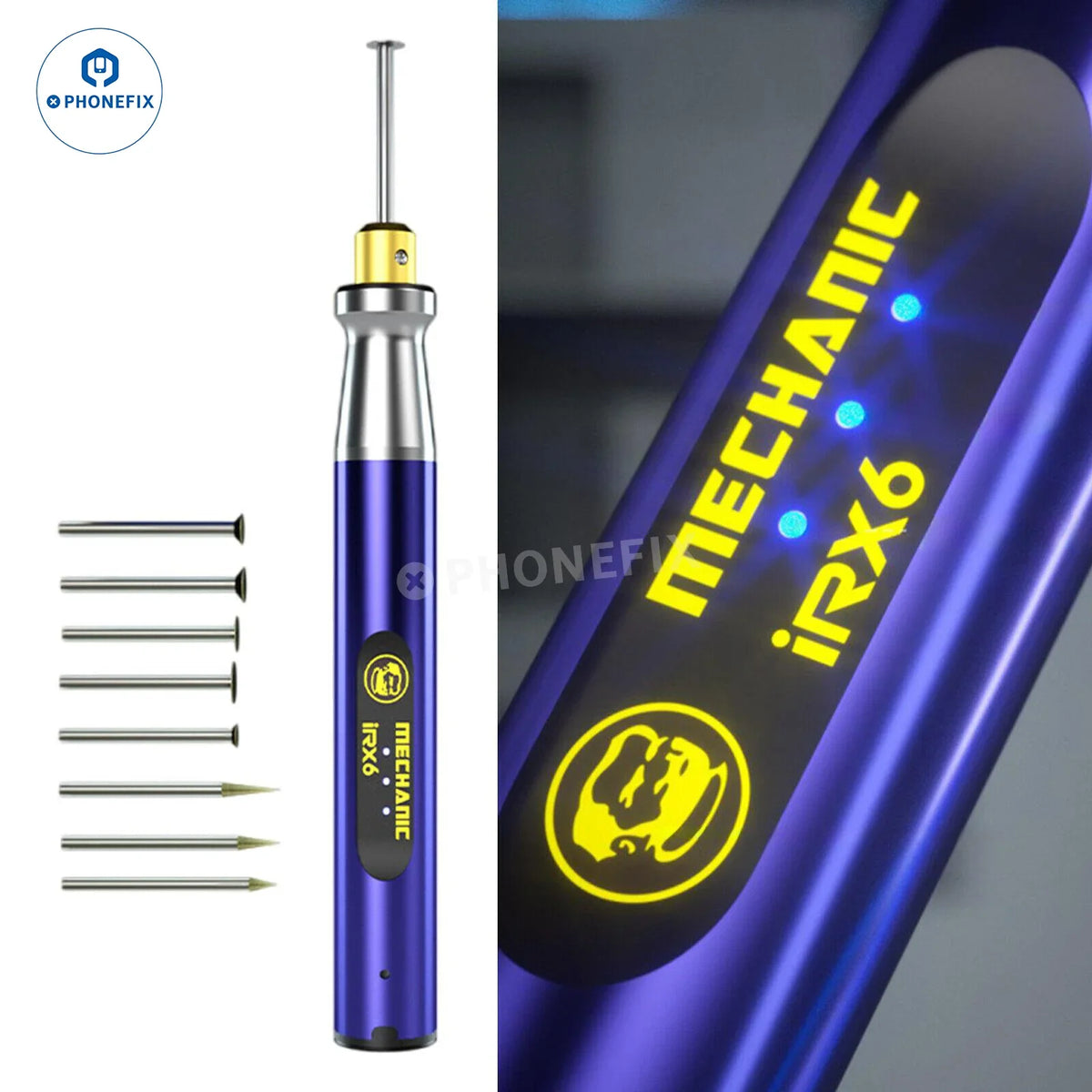 PhoneFix portable PCB grinding tool with rechargeable electric pen, featuring polishing and engraving capabilities for DIY electronics projects.