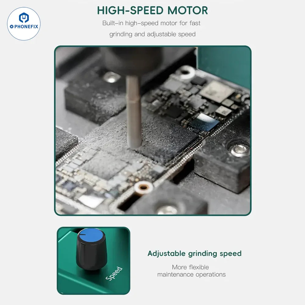 PHONEFIX TBK 928 PCB grinding tool for phone motherboard CPU chip grinding, featuring a compact, precise grinding machine with grinding wheels.
