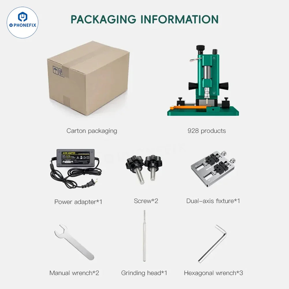 PHONEFIX TBK 928 PCB grinding tool for phone motherboards, featuring a compact design and precision grinding components.