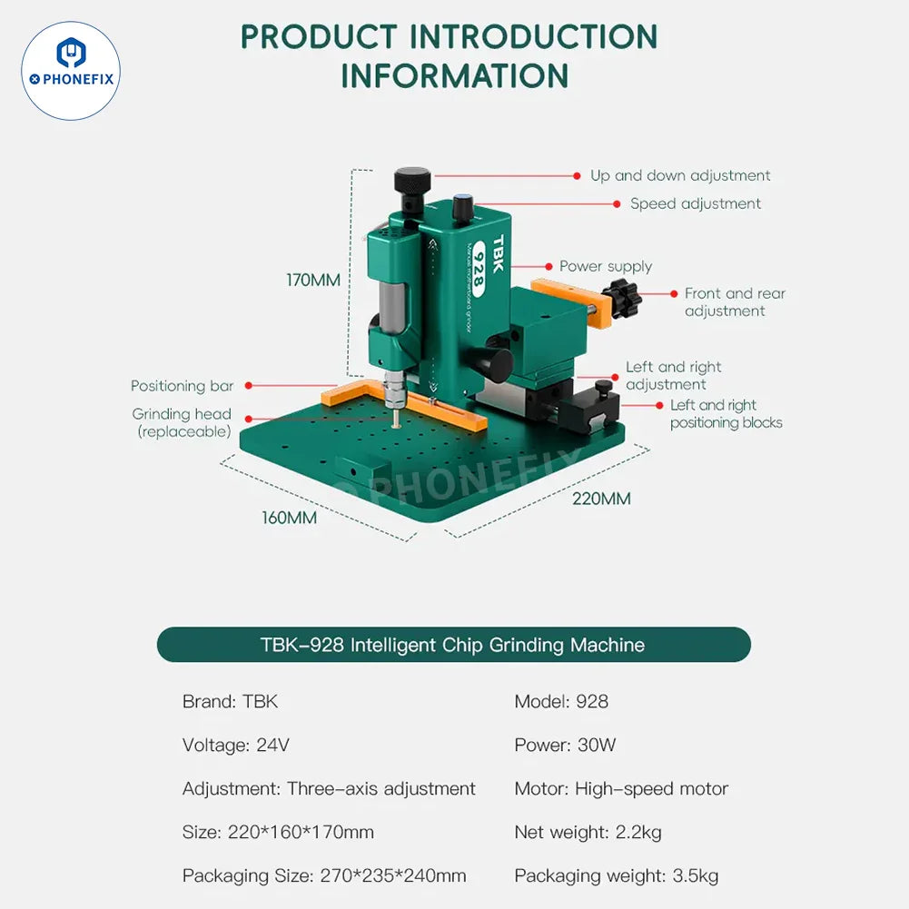 PHONEFIX TBK 928 PCB grinding tool used for smartphone motherboard CPU chip grinding, featuring precision grinding components.
