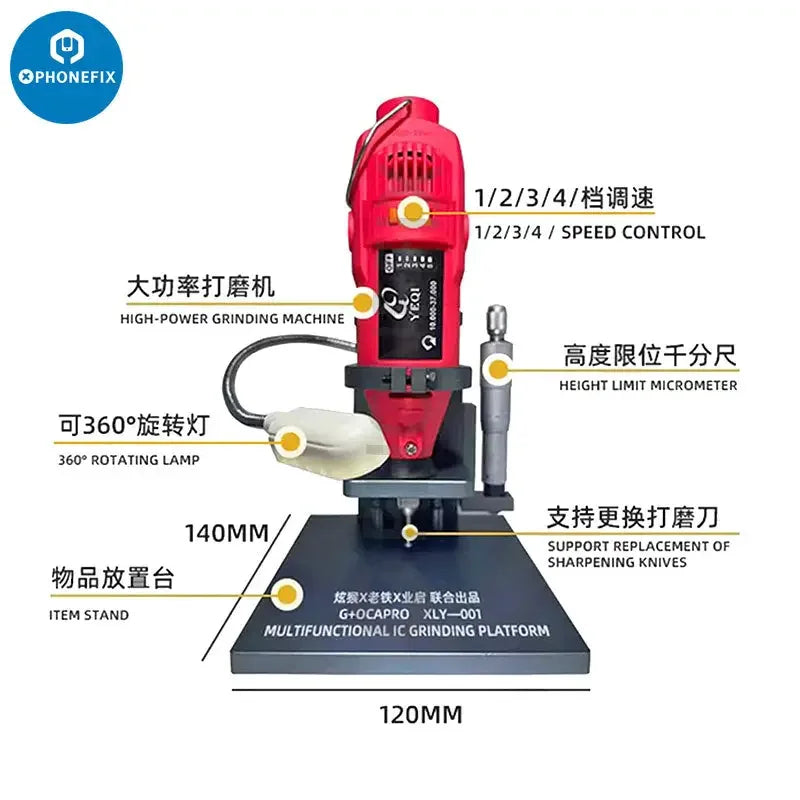 Phonefix G+OCA Pro XLY-001 camera ring screen IC grinding and polishing platform for PCB repair and electronics work.