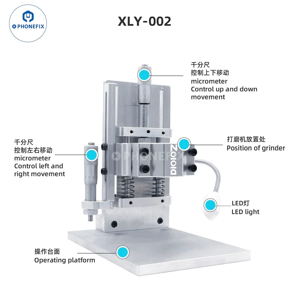 PHONEFIX G+OCA Pro XLY-001 camera ring screen IC grinding and polishing platform for PCB repair and device screen maintenance.
