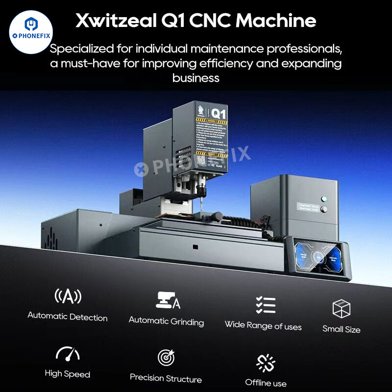PHONEFIX Xwitzeal Q1 CNC Grinder PCB chip grinding tool for phone camera repair, showing the precision grinding head and metallic components.