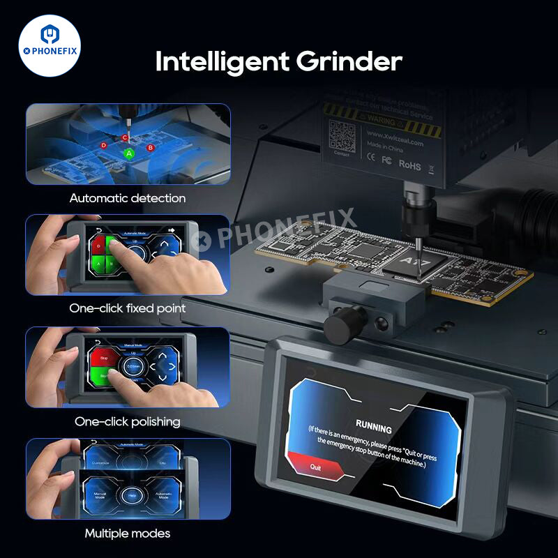 Xwitzeal Q1 CNC grinder phone camera PCB chip grinding tool by PHONEFIX, showing precision grinding components on PCB.